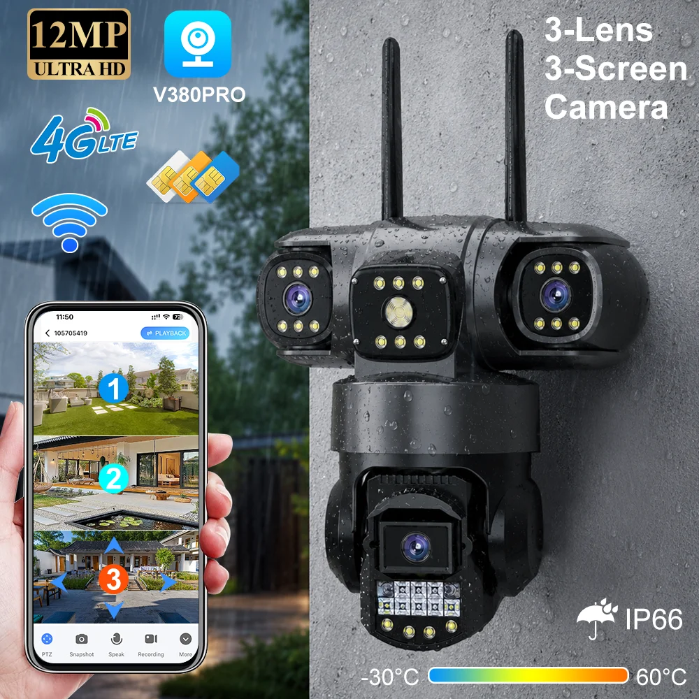 Home Security Land - V380 Pro 4G屋外防水カメラ（SIMカード対応）12MP 3レンズモニター ナイトビジョン セキュリティ