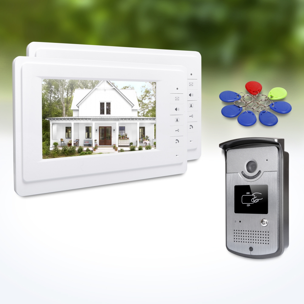 Home Security Kit With Camera - 1台の屋外カメラ、2台の屋内モニター、7インチビデオドアホンインターホン、キーフォブ、RFIDロック解除、ミュートモード、有線ホームセキュリティシステムキット
