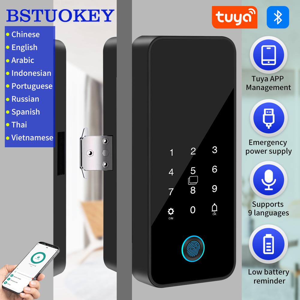 Home Security Tapo - Tuya Smart Life Bluetooth ガラスドアロックデジタル生体認証指紋ガラスロックドリル不要は、パンチングなしのアプリロック解除をサポートします