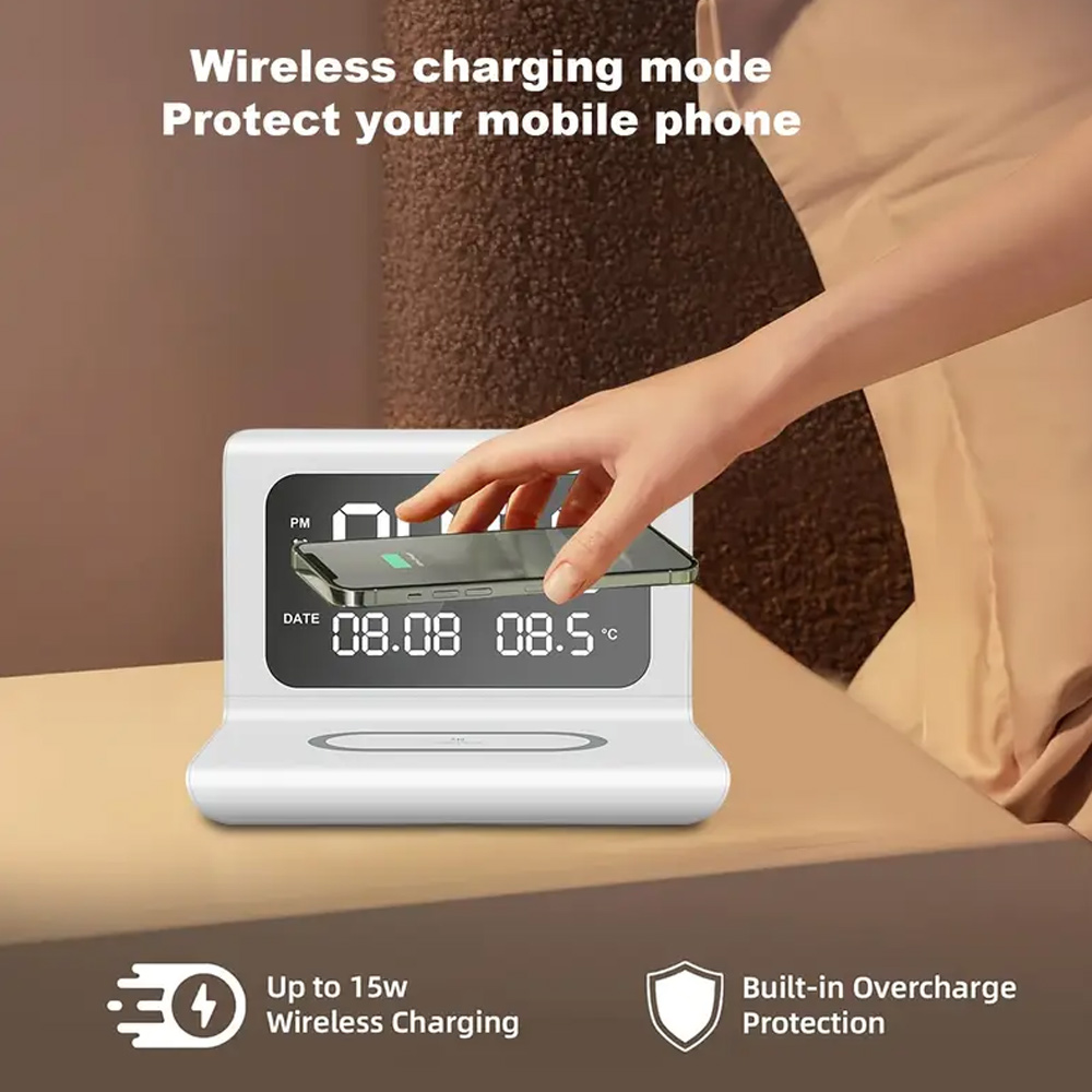 高速ワイヤレス充電パッドスタンド（目覚まし時計＆温度計付き） - Home Security Wireless のレビューと価格